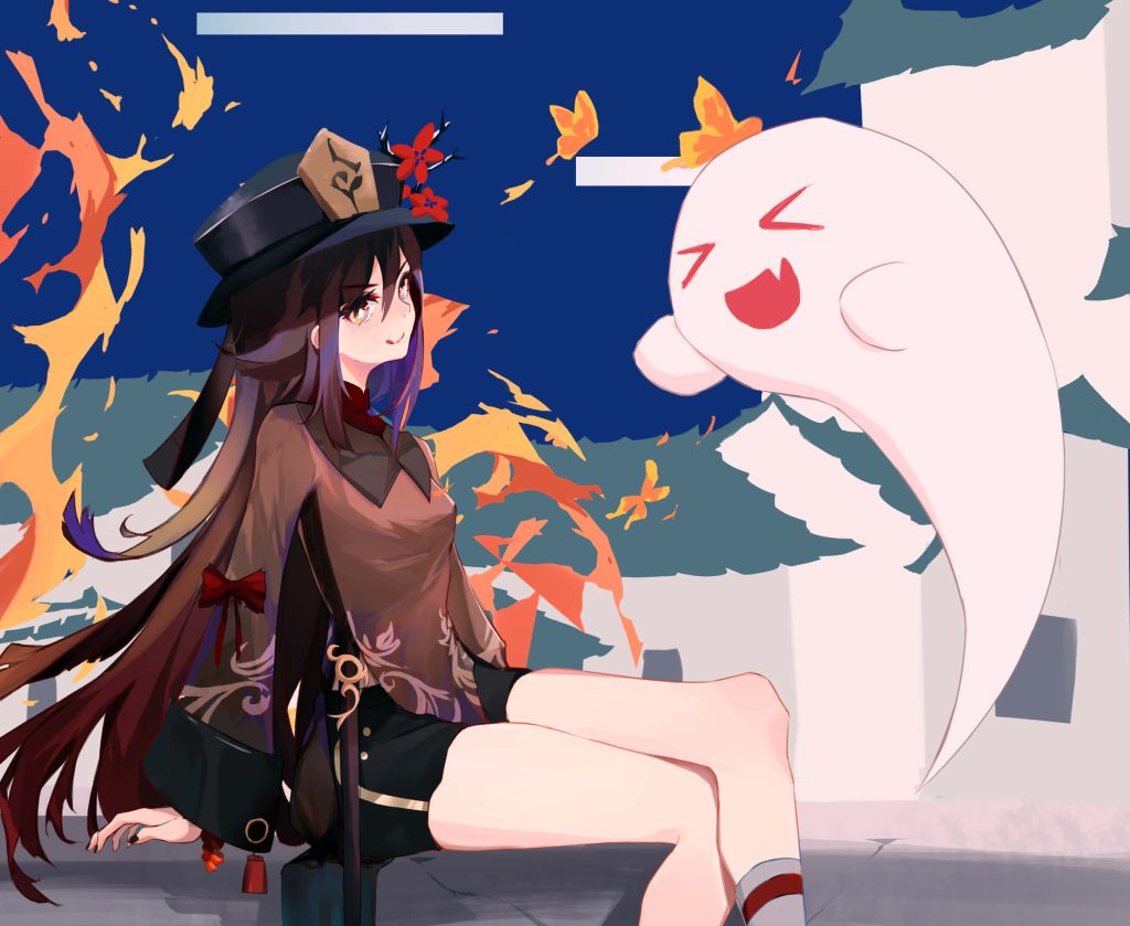 Hu Tao from Genshin Impact with glowing Pyro butterflies and ghost in vibrant anime style wallpaper