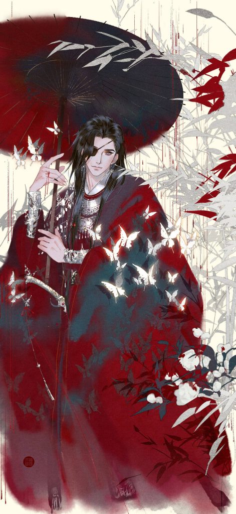 Hua Cheng in red robes with eyepatch holding umbrella surrounded by glowing butterflies and bamboo Wallpaper