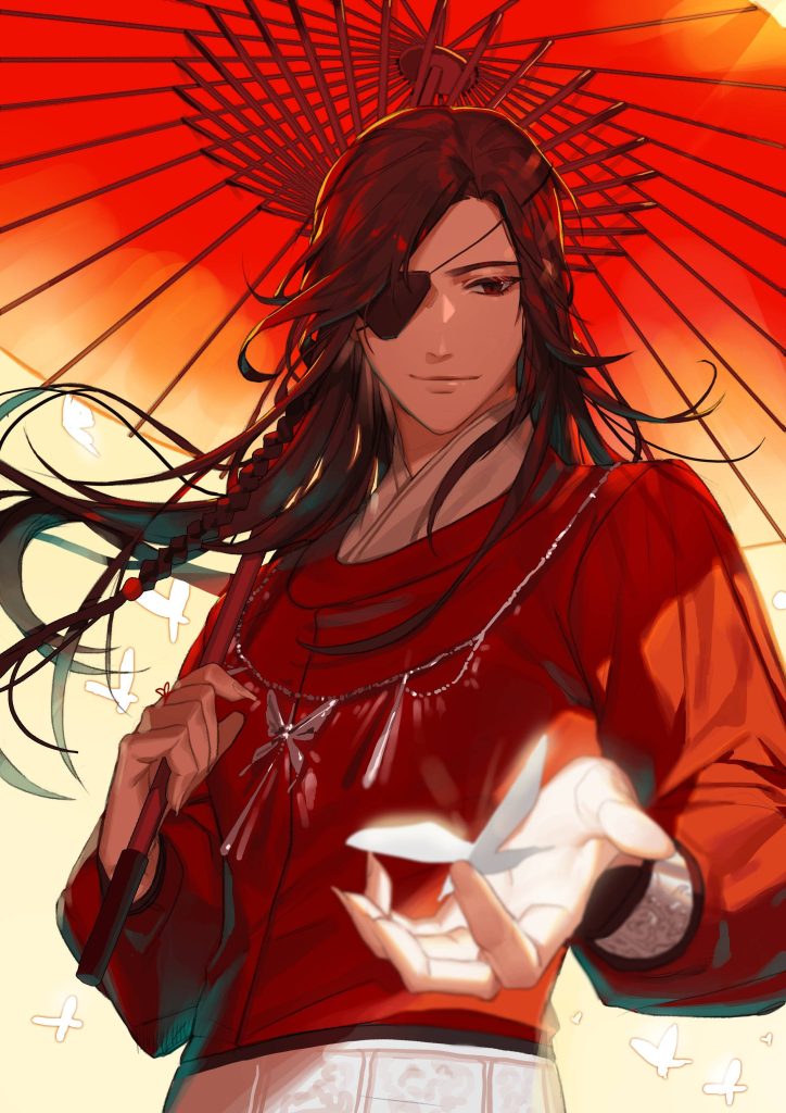 Hua Cheng Heaven Officials Blessing wallpaper red robes eyepatch silver butterflies umbrella