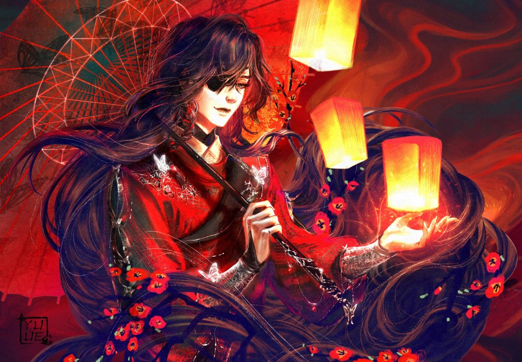 Hua Cheng from Heaven Official's Blessing in red robes holding glowing lantern with red flowers background Wallpaper
