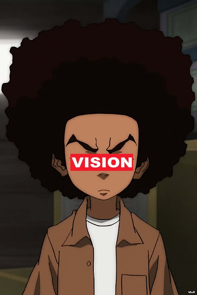 Huey Freeman anime-style wallpaper with afro and red VISION banner from The Boondocks