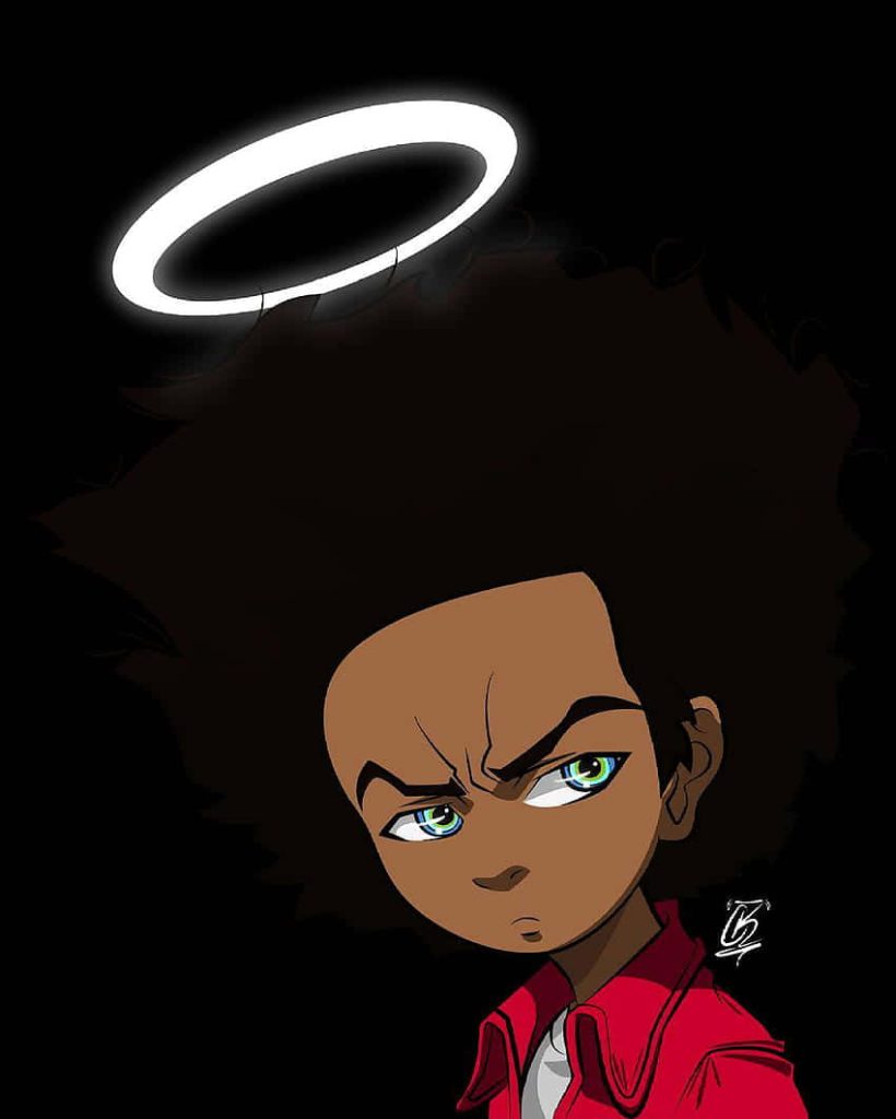 Huey Freeman Boondocks PFP with afro red jacket and glowing halo on black background wallpaper