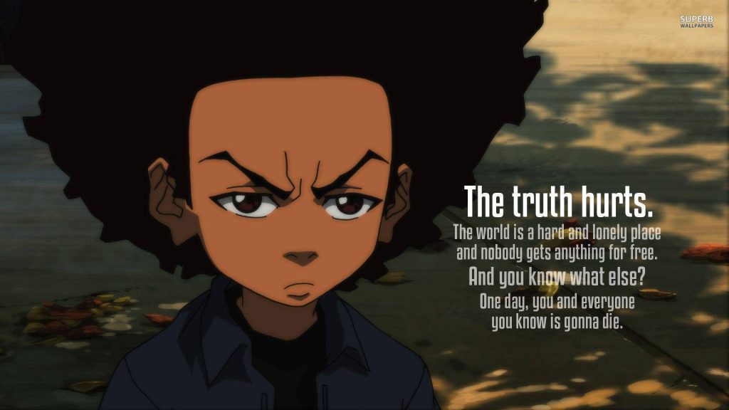 Huey Freeman in moody anime wallpaper with profound quote inspiring truth and change