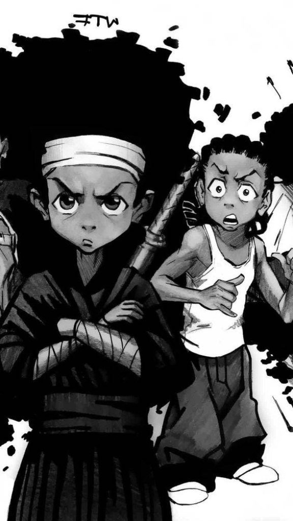 Huey Freeman as samurai with katana and shocked Riley Freeman Boondocks manga wallpaper