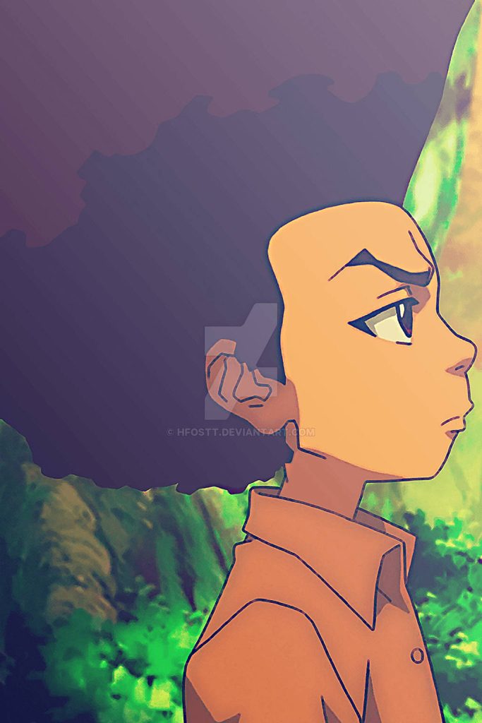 Huey Freeman anime side profile wallpaper with glowing highlights and lush green forest background