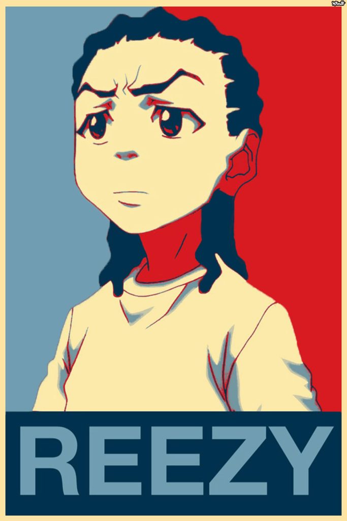 Huey Freeman from The Boondocks in bold red blue cream propaganda style REEZY wallpaper background