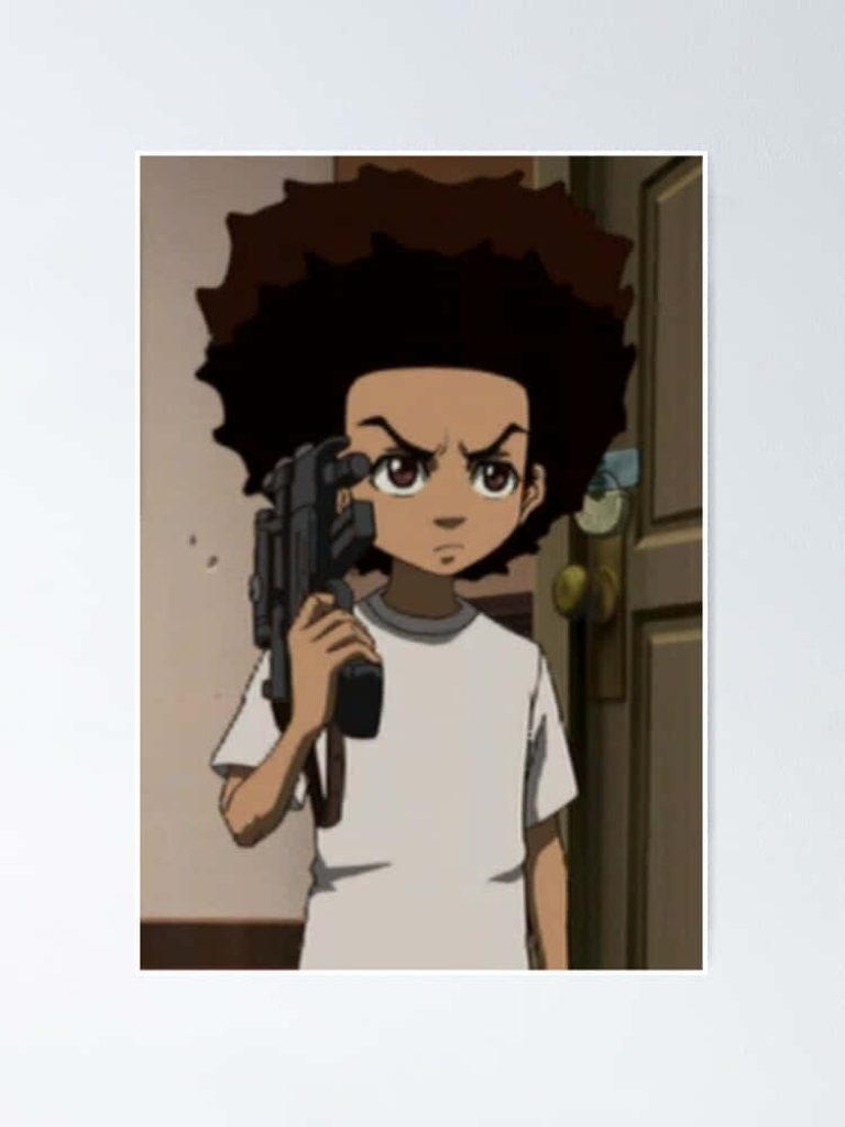 Huey Freeman intense expression holding handgun Boondocks 2D animation wallpaper background