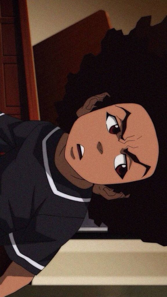 Huey Freeman anime-style wallpaper showing his afro and unimpressed furrowed brow expression