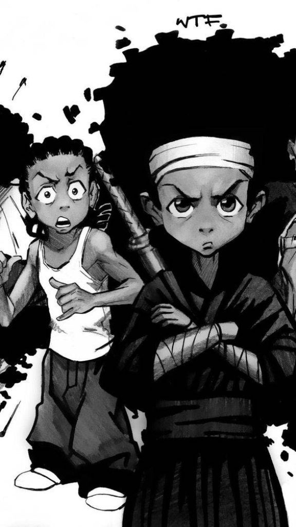 Black and white high contrast Boondocks art wallpaper Huey and Riley Freeman digital illustration