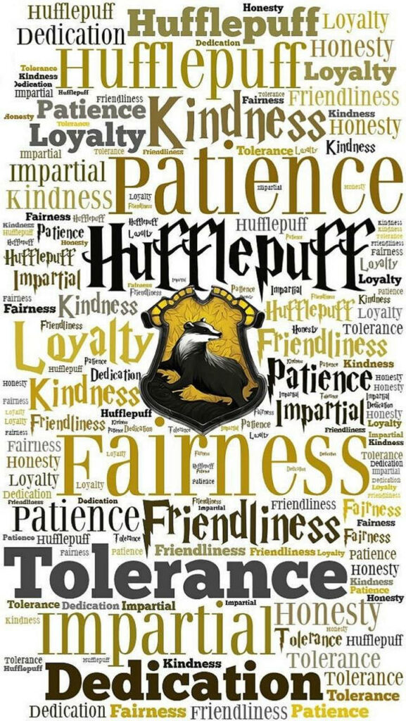 Hufflepuff crest wallpaper with core values loyalty patience kindness fairness background