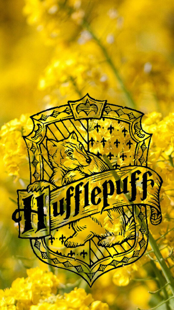 Hufflepuff crest on vibrant yellow flower background symbolizing loyalty and hard work wallpaper