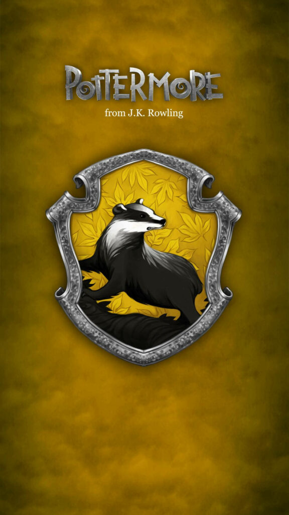 Hufflepuff house crest wallpaper with bold badger emblem on yellow background and leaf patterns