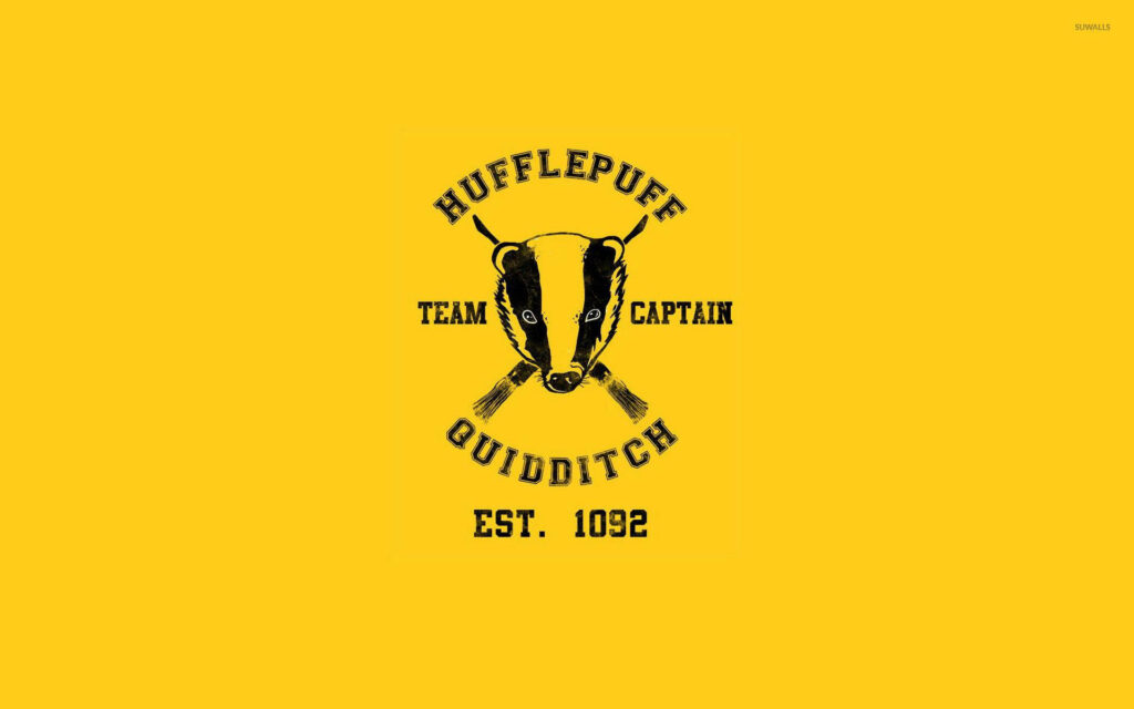 Bold yellow Hufflepuff Quidditch Team Captain wallpaper with badger and crossed broomsticks