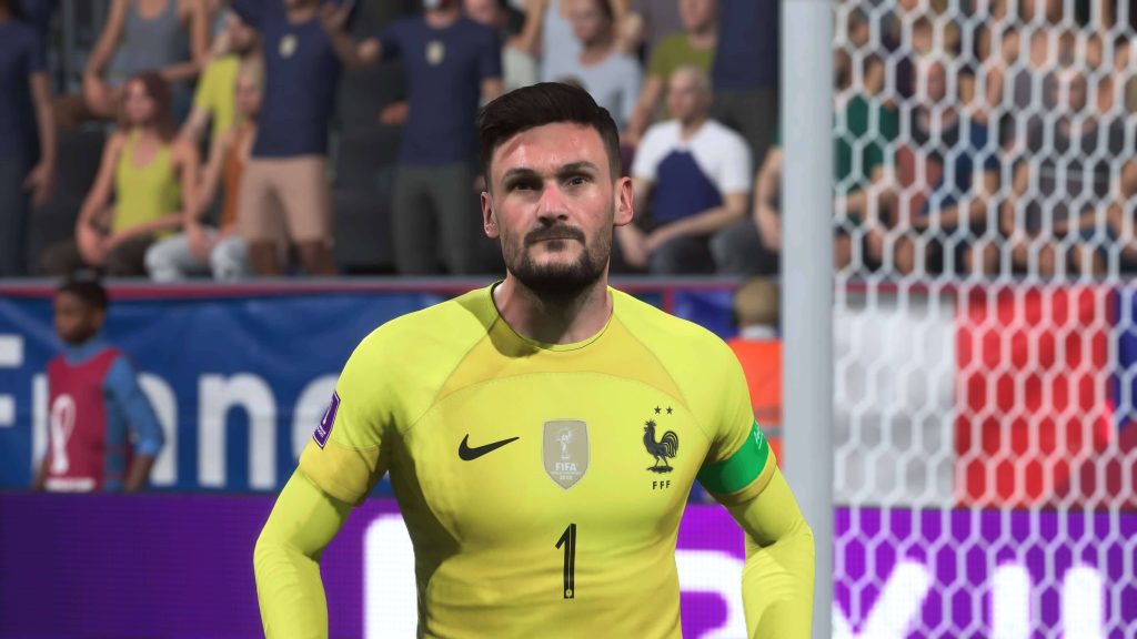 Hugo Lloris in yellow France jersey focused in realistic FIFA game close to goal net wallpaper