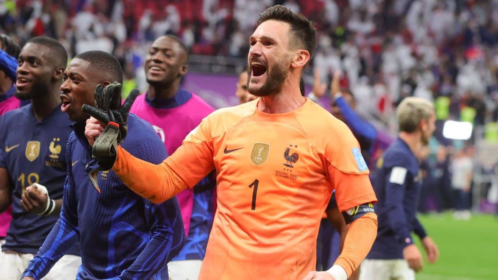 Hugo Lloris celebrating in orange France kit after 2022 World Cup England match wallpaper