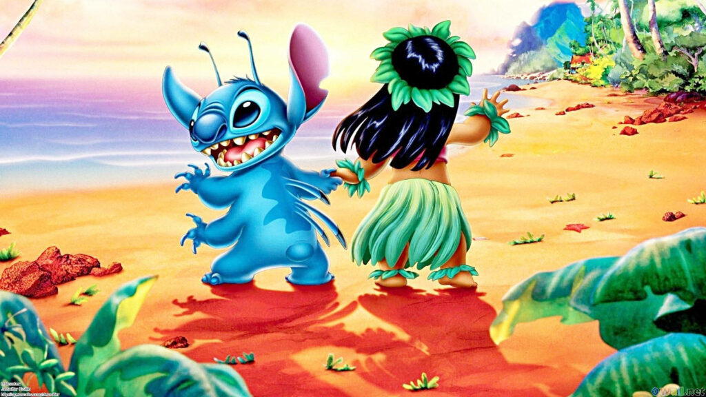 Lilo and Stitch dancing on tropical beach with vibrant colors and lush island scenery wallpaper