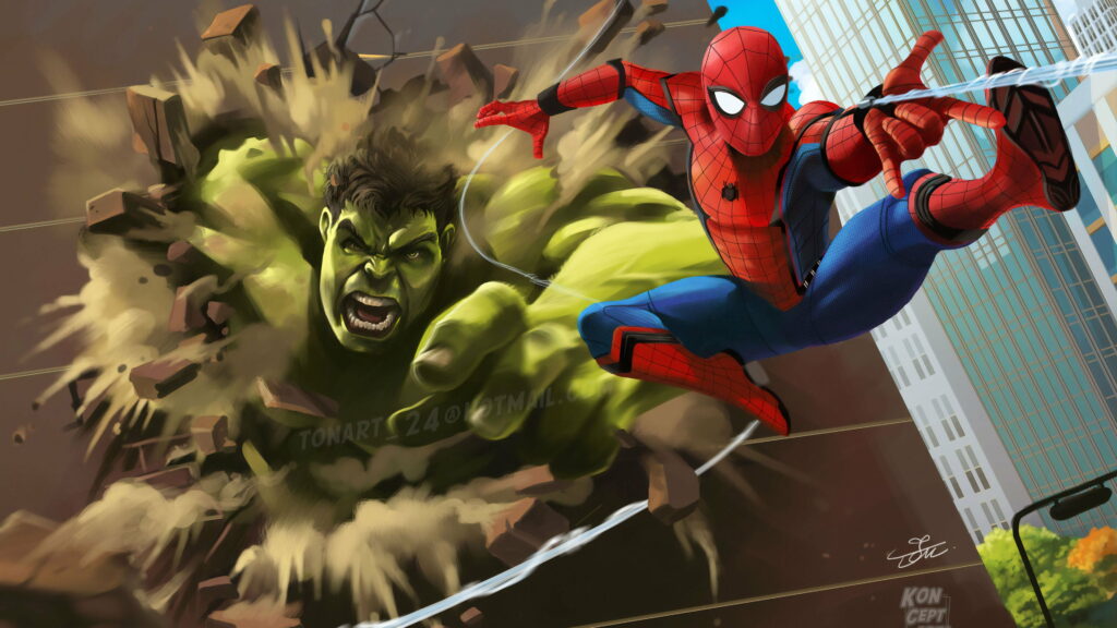 Hulk smashing concrete wall below Spider-Man swinging, dynamic HD superhero artwork wallpaper