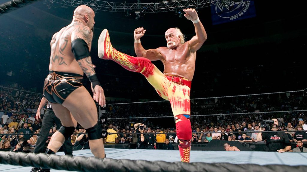 WWE wallpaper Hulk Hogan big boot Triple H iconic wrestling match vibrant arena action