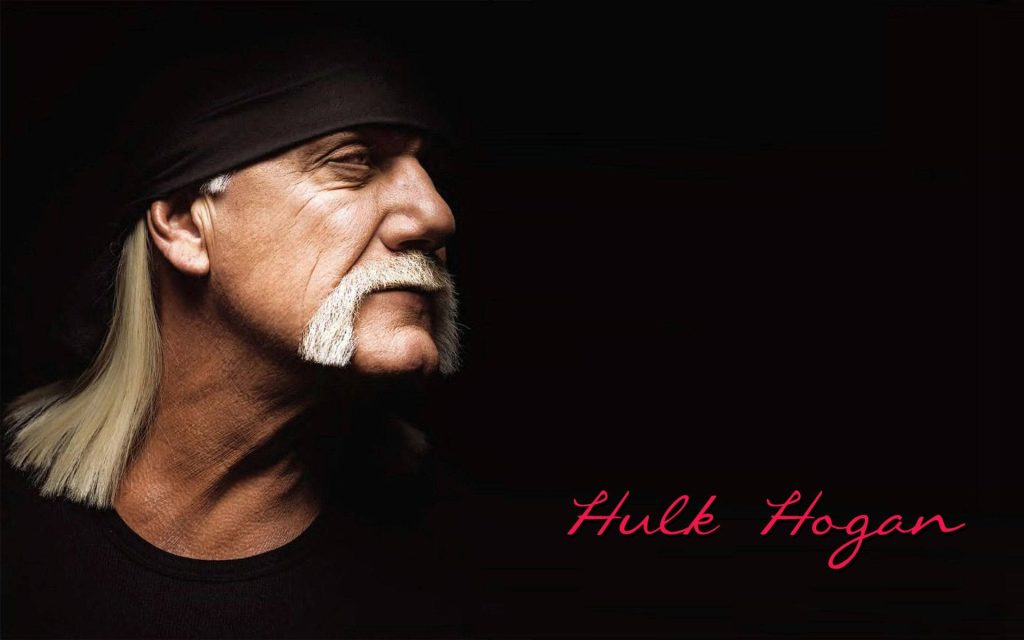 Hulk Hogan side profile dark wallpaper with iconic bandana mustache red text background