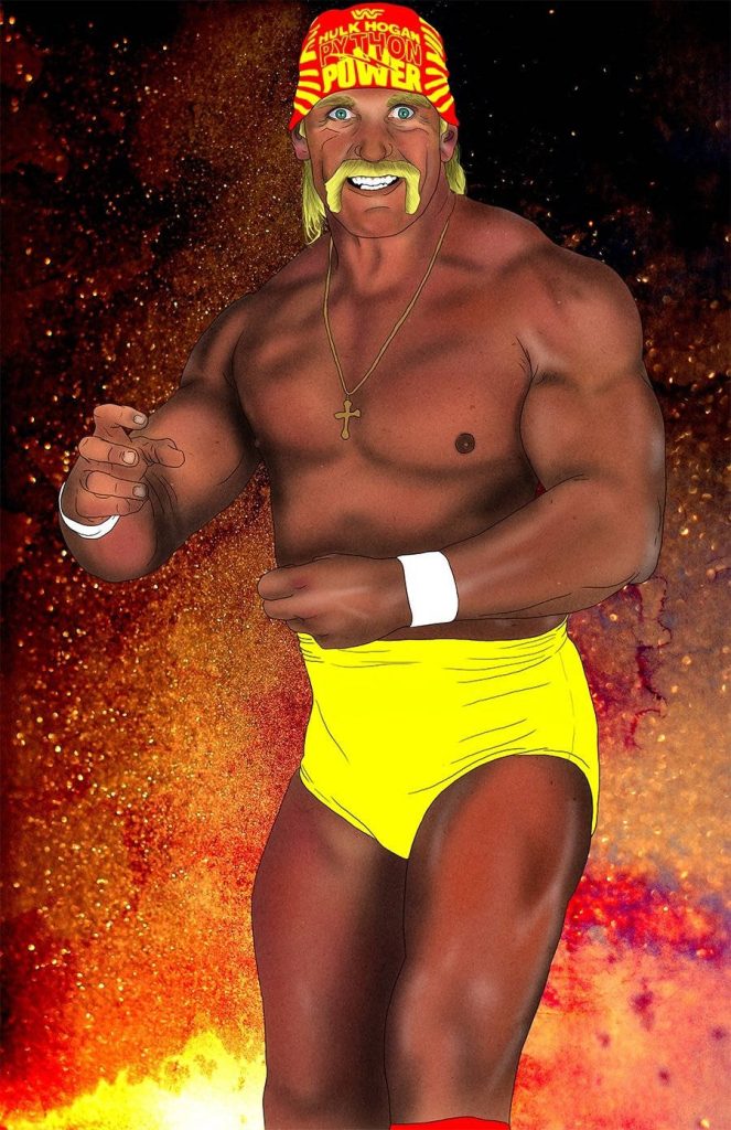Wrestling legend Hulk Hogan in yellow trunks and Python Power bandana fiery orange background wallpaper