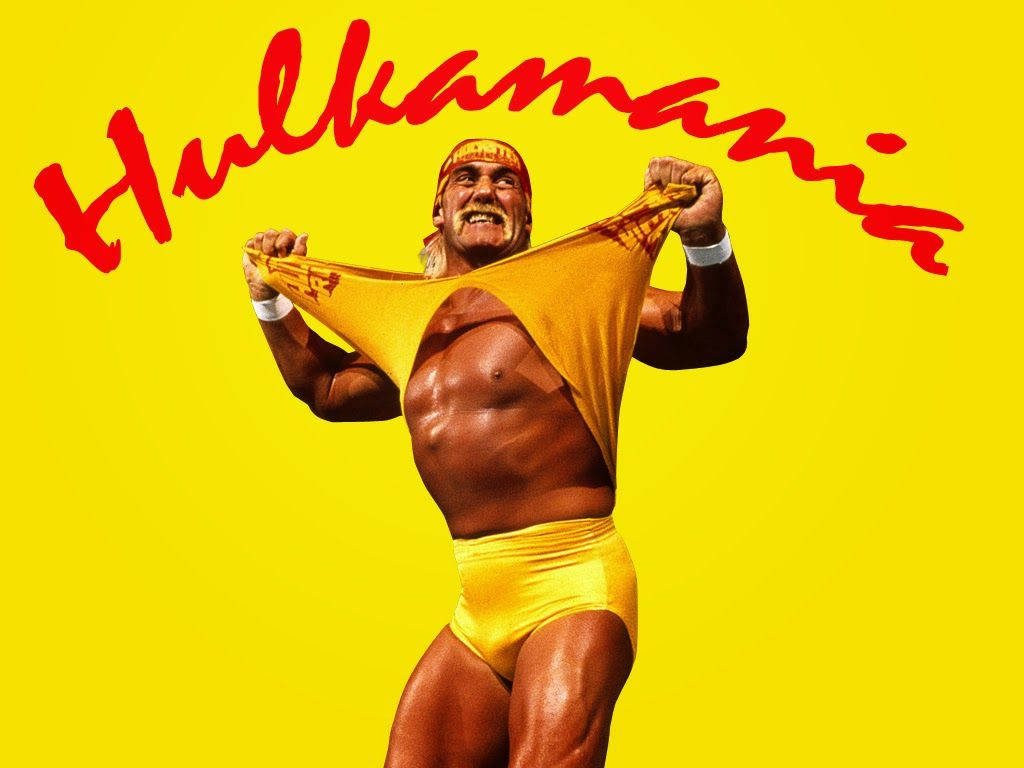 WWE Hall of Fame Hulk Hogan shirt-rip pose vibrant yellow background Hulkamania wallpaper