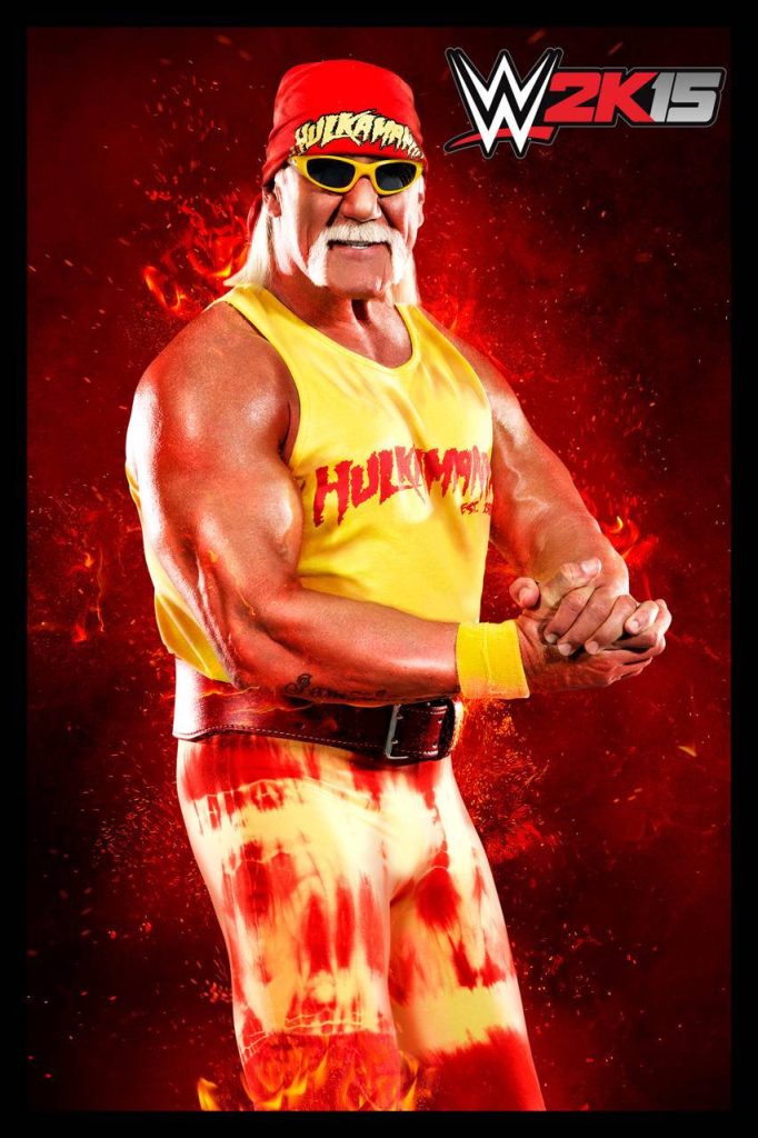 WWE legend Hulk Hogan in yellow Hulkamania gear against fiery red WWE 2K15 background wallpaper