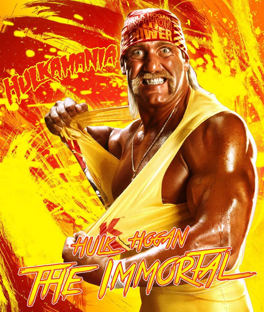 Hulk Hogan vibrant wallpaper ripping yellow shirt bold red and yellow wrestling graphic art