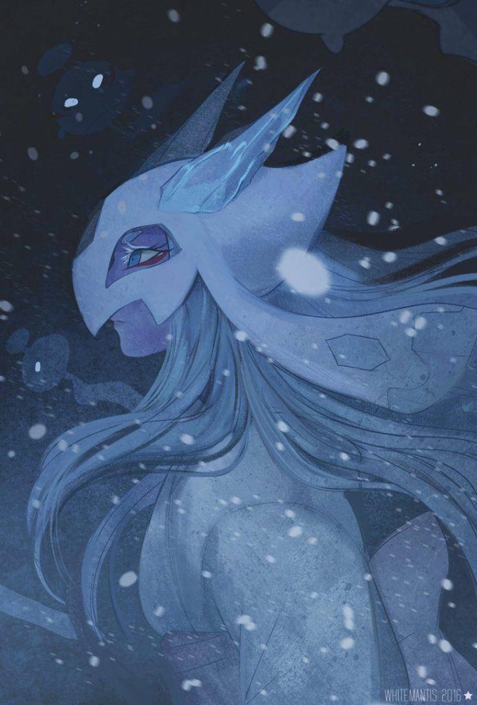 Humanized Froslass fan art with icy mask in blue tones amid a midnight snowstorm digital wallpaper