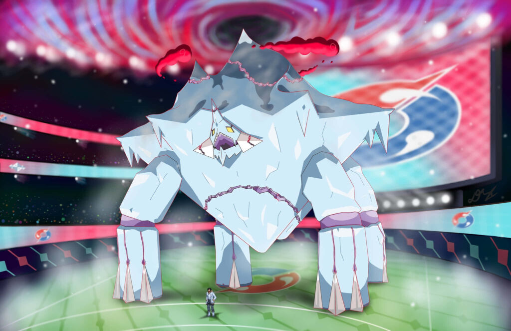 Massive Avalugg towering over stadium battlefield with trainer showcasing icy power wallpaper