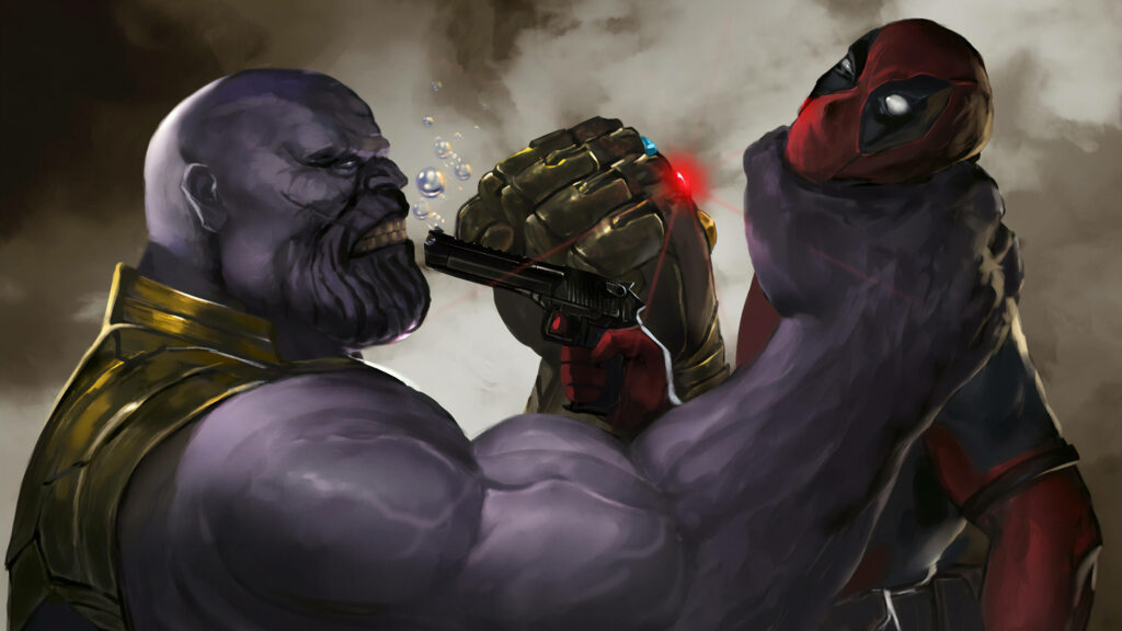 Deadpool vs. Thanos: Fun HD Wallpaper with Bubble Gun Action