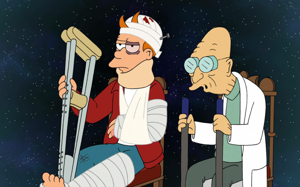 Humorous Futurama Wallpaper: Injured Fry & Professor in Space