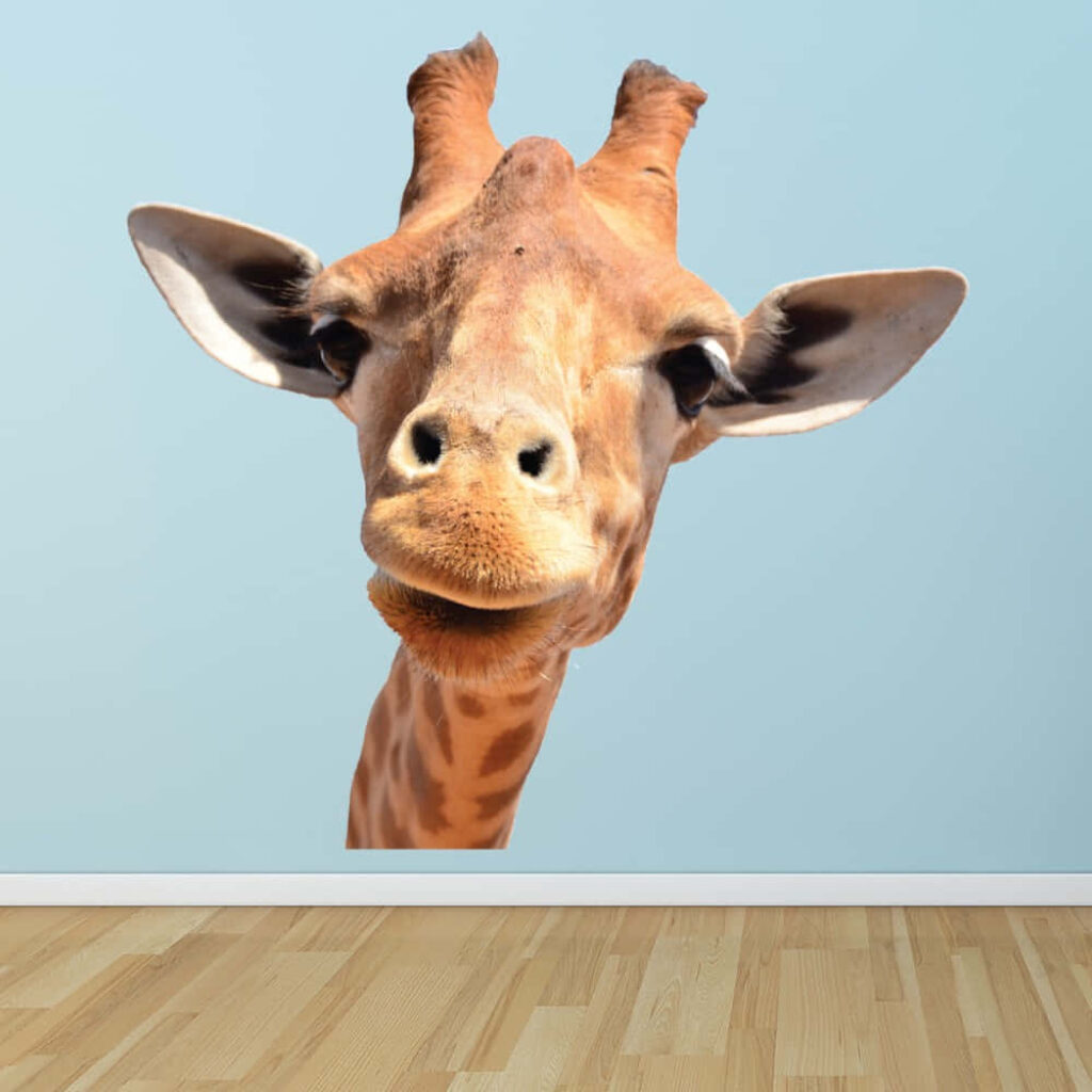 Playful Giraffe Wallpaper: Cheerful Design on Soft Blue Background