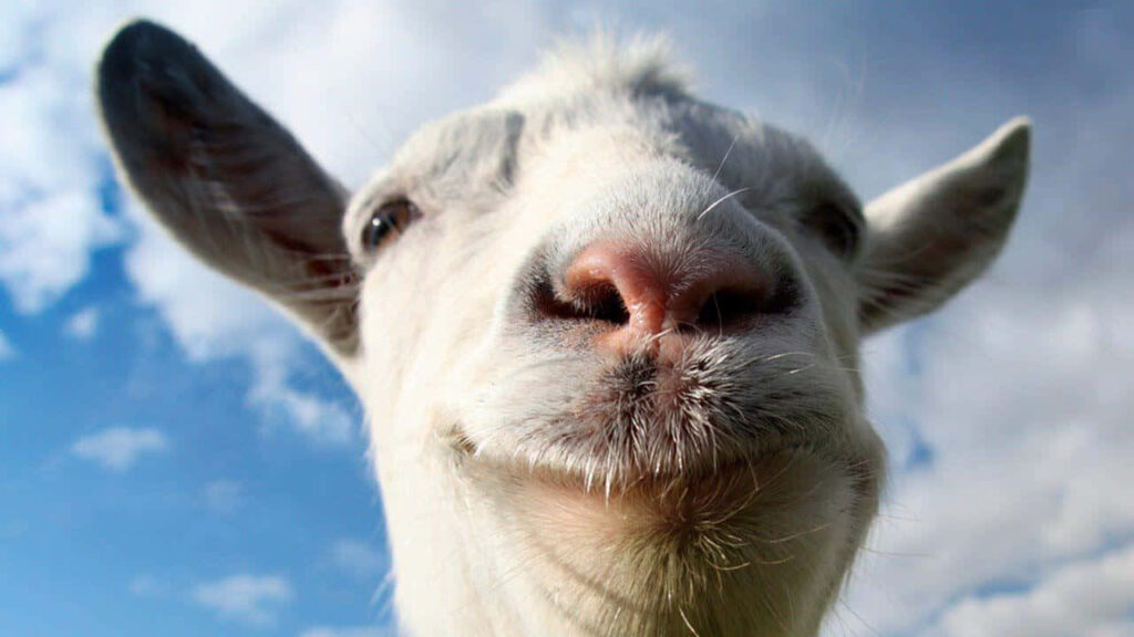 Playful Goat Close-Up from Goat Simulator Against Bright Blue Sky Wallpaper