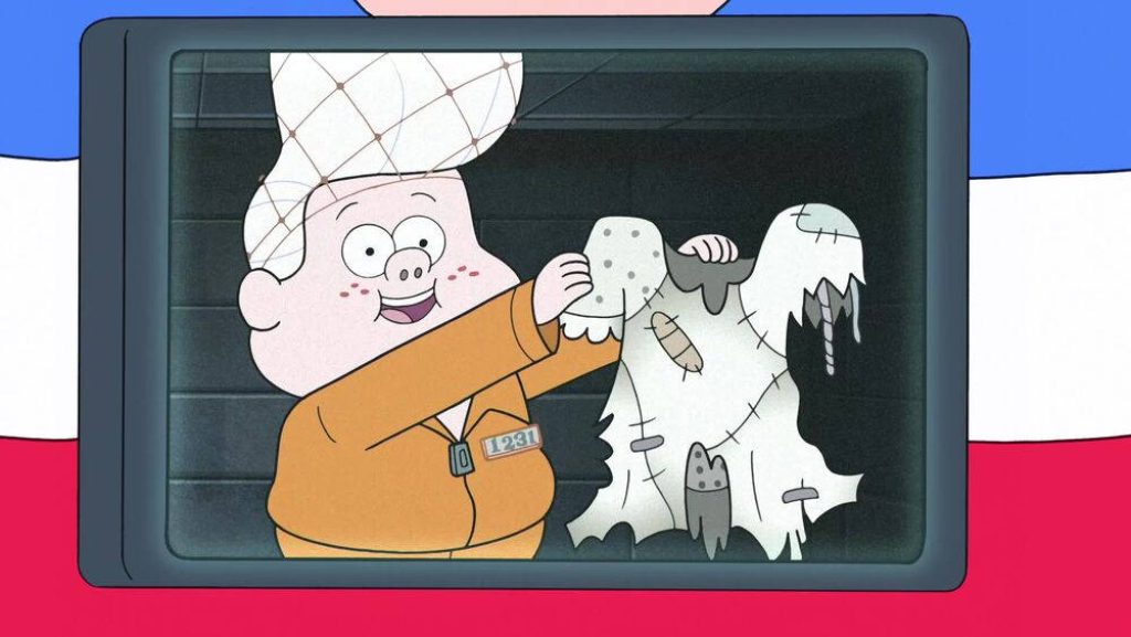 Gideon Gleeful in orange prison jumpsuit holding torn blouse Gravity Falls cartoon wallpaper