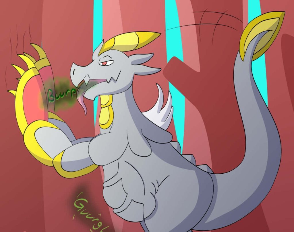 Hakamo-o Dragon Pokemon with gray scales yellow armor burping on red abstract background wallpaper