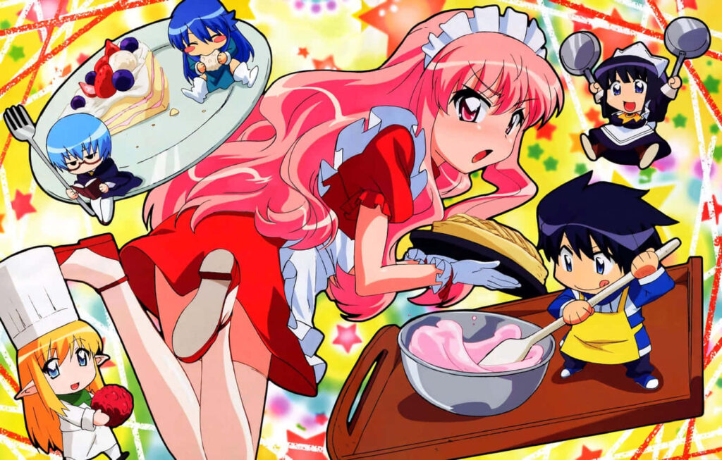 Vibrant Anime Wallpaper: Louise From *Zero no Tsukaima* in Kitchen Chaos