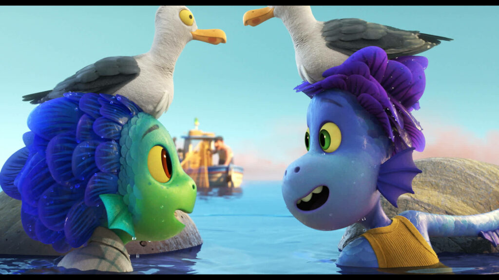 Playful Luca & Alberto Sea Monsters Wallpaper with Seagulls
