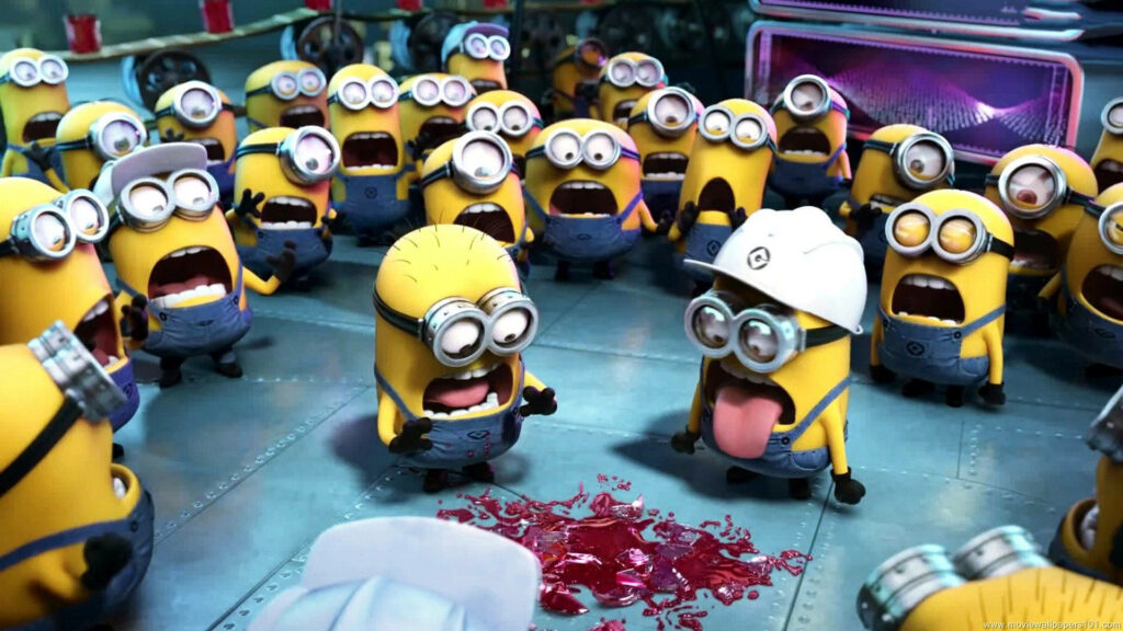 “Minions in Chaos: Hilarious Reactions to Spilled Red Substance Wallpaper”