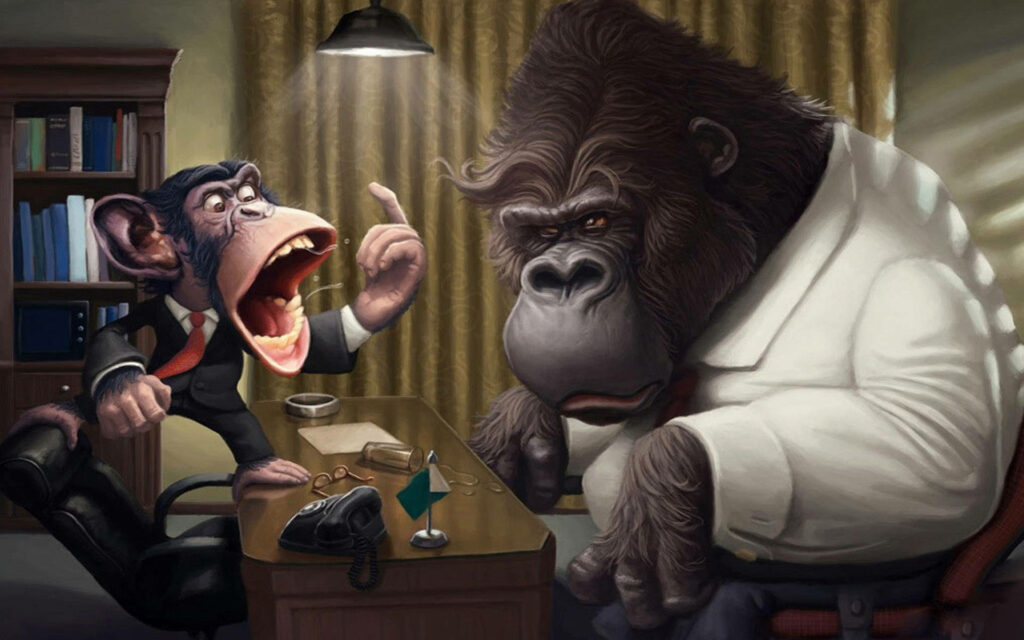 Humorous Cartoon Wallpaper: Monkey & Ape in a Playful Office Scene