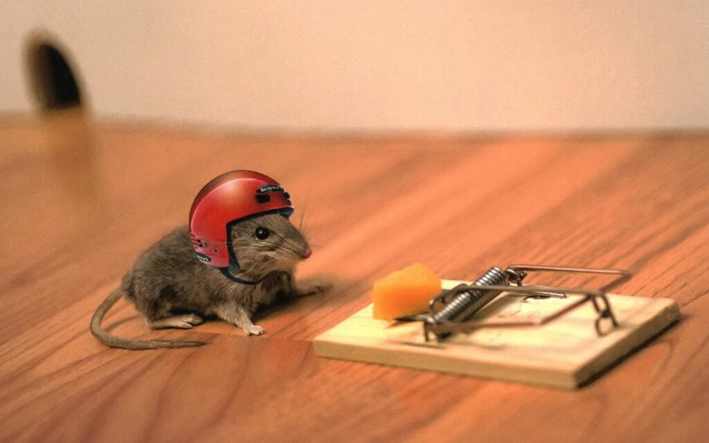 Comical Mouse in Red Helmet: Risky Cheese Adventure Wallpaper