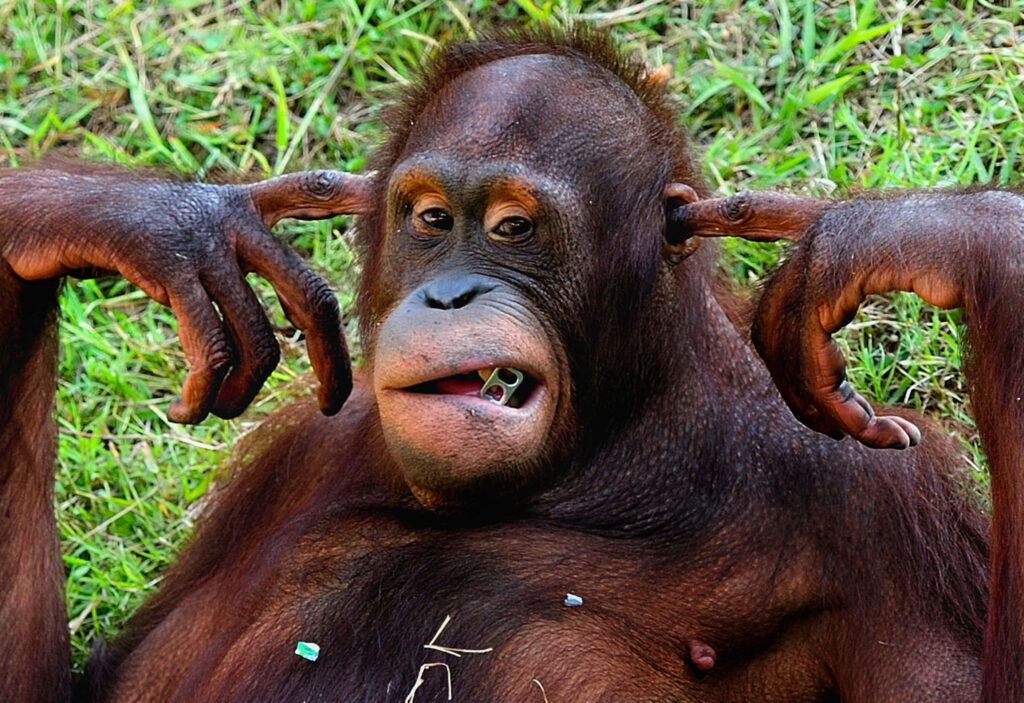 Humorous Orangutan on Grass Covering Ears - Comedic Wallpaper