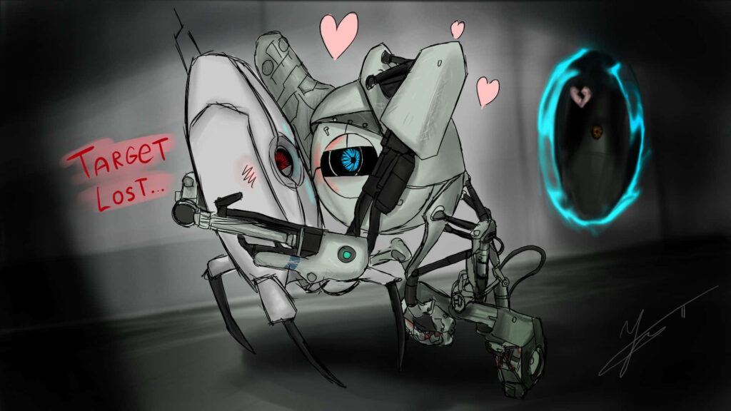 Humorous Portal 2 Wallpaper: Robots and Heart Symbols in Action