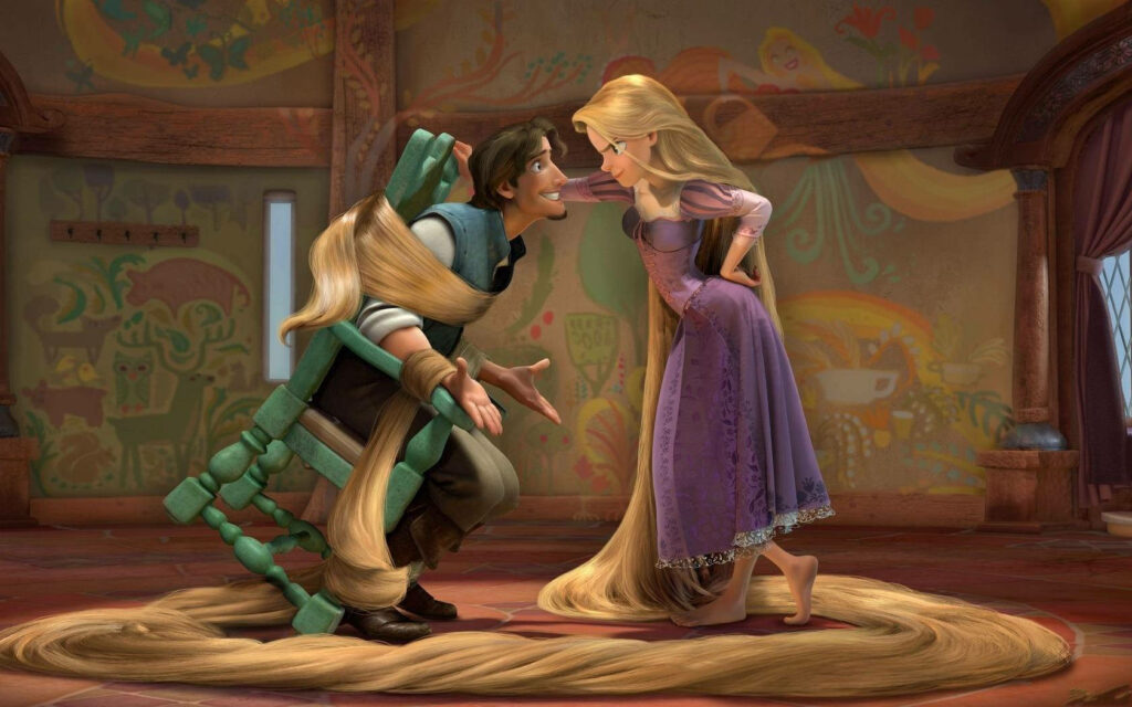 Humorous Rapunzel Interrogates Flynn Rider - Tangled Wallpaper Art