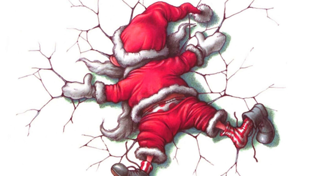Funny Cartoon Santa Christmas Wallpaper with Comical Cracks