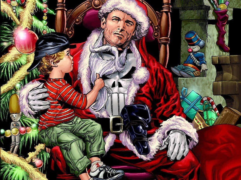 Whimsical Santa with Child in Festive Christmas Setting Wallpaper