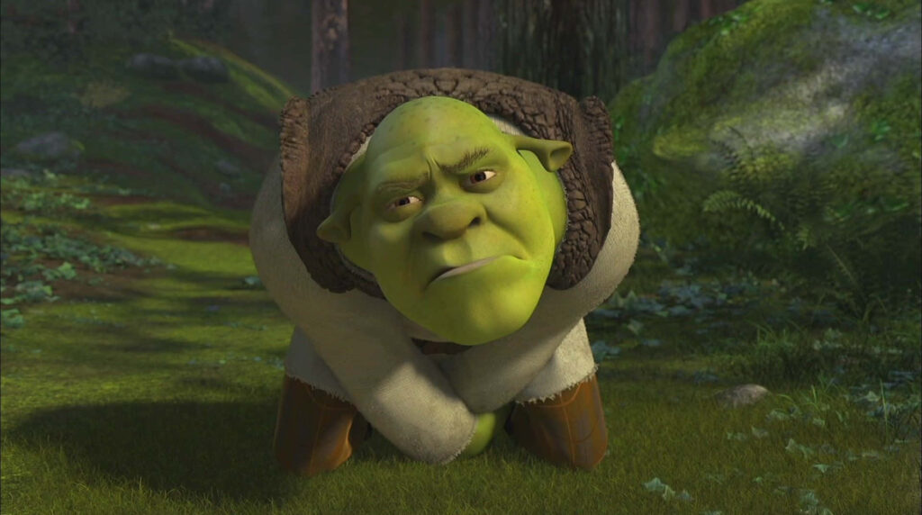 Funny Shrek Crouching in Pain - Humorous Wallpaper Background