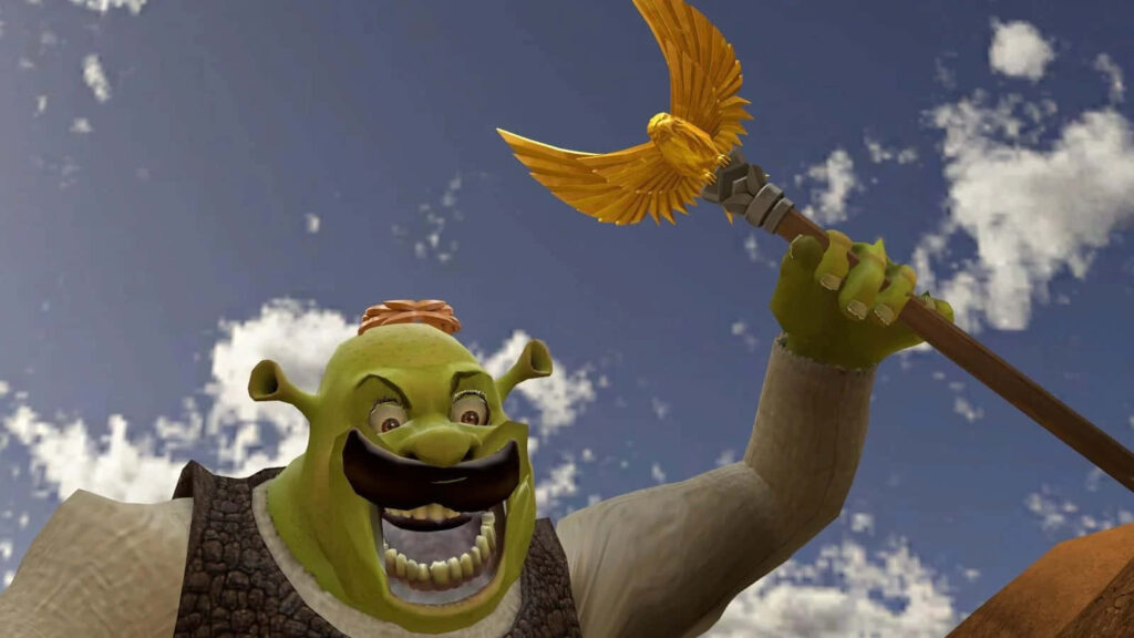 Whimsical Shrek: Mustache & Golden Staff Wallpaper Against Cloudy Sky