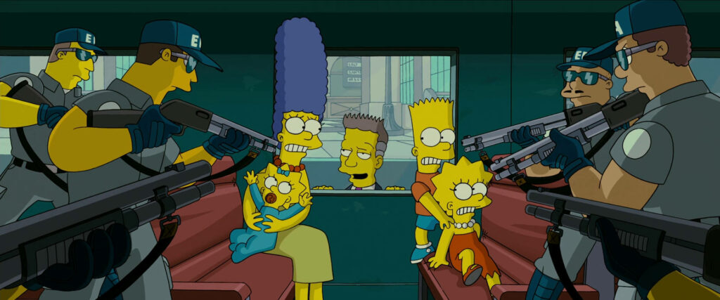 Humorous Simpsons Movie Scene: Family Detained by Officers Wallpaper