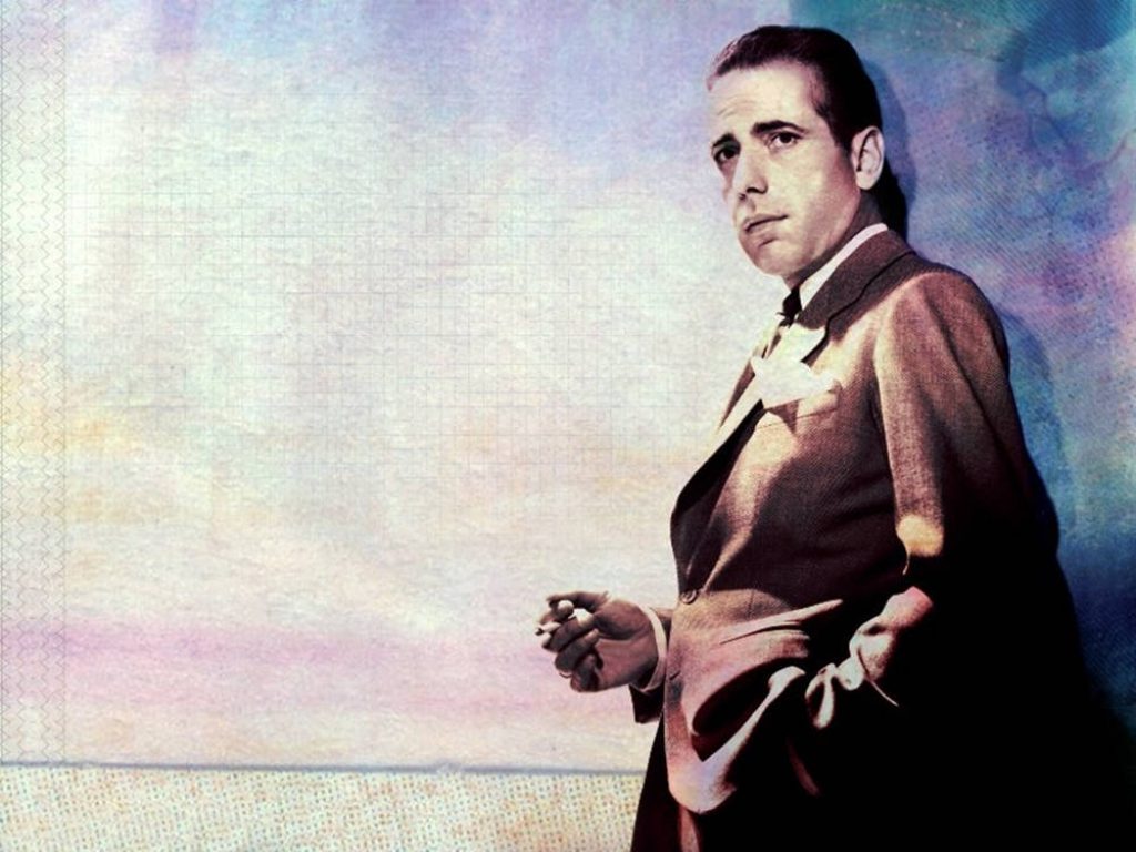 Stylized digital portrait of Humphrey Bogart lean cigarette noir wallpaper background