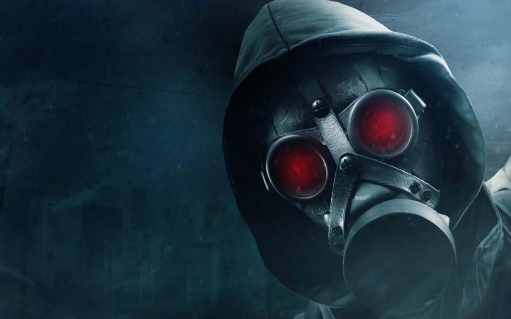 Hunk from Resident Evil digital wallpaper gas mask glowing red lenses dark post-apocalyptic background